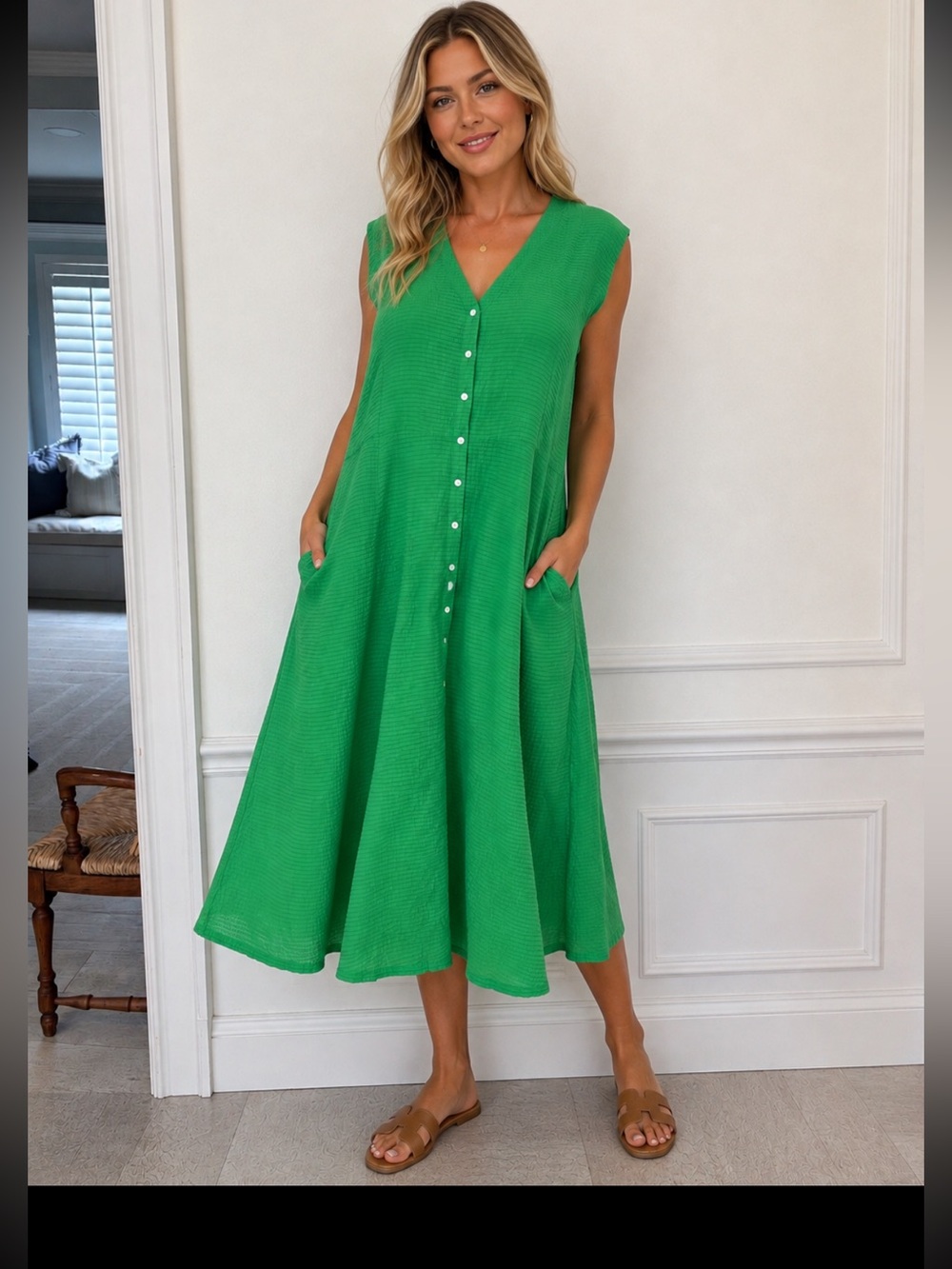 Frances Valentine Peggy Sleeveless Green Button-Front Midi Dress 1X